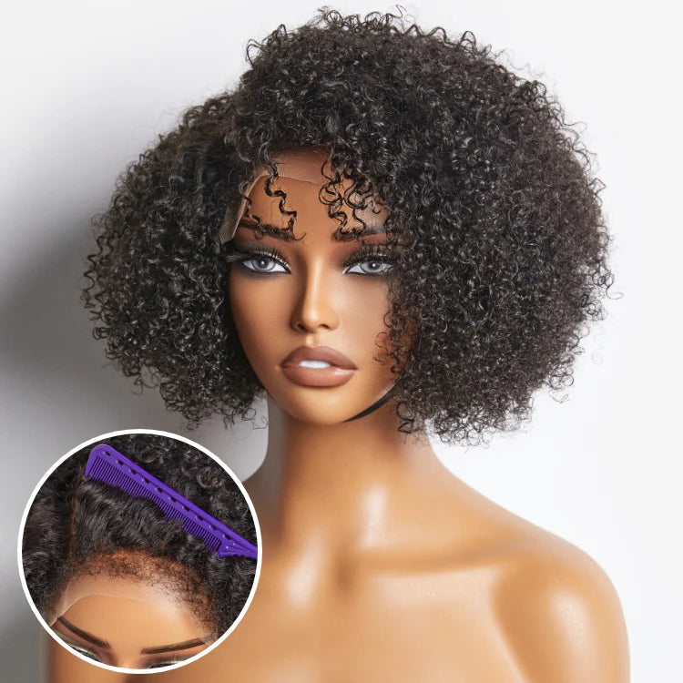 KINKY EDGES JERRY CURLY 5X5 CLOSURE LACE GLUELESS SIDE PART SHORT WIG 100% HUMAN HAIR