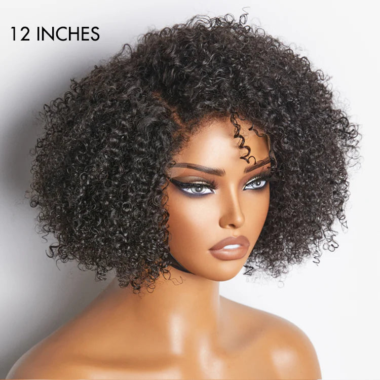 KINKY EDGES JERRY CURLY 5X5 CLOSURE LACE GLUELESS SIDE PART SHORT WIG 100% HUMAN HAIR