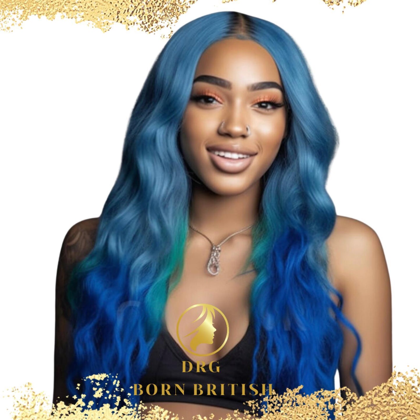 Human Hair 13x4 Big Lace Full Front Electric Blue Ombré  Body Wave Wig