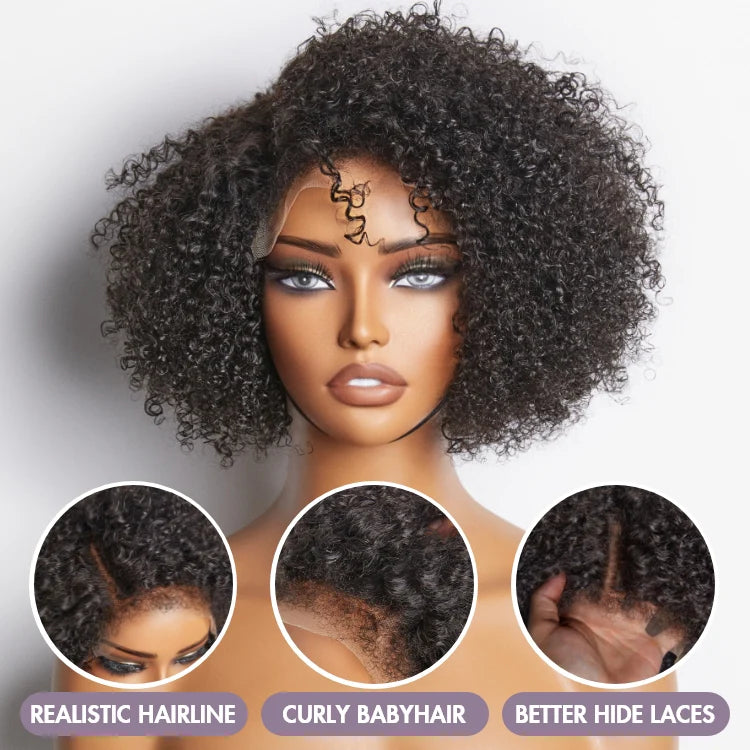 KINKY EDGES JERRY CURLY 5X5 CLOSURE LACE GLUELESS SIDE PART SHORT WIG 100% HUMAN HAIR