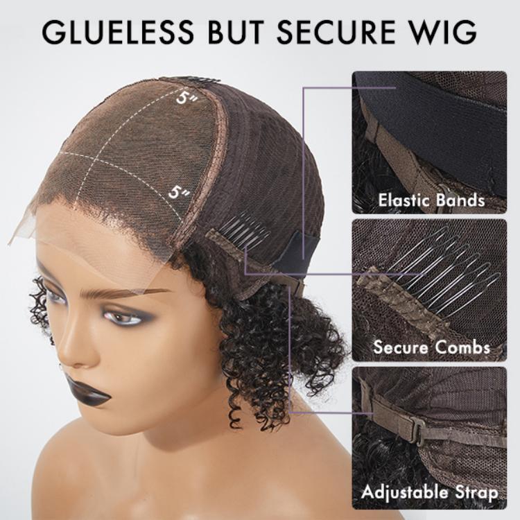 KINKY EDGES JERRY CURLY 5X5 CLOSURE LACE GLUELESS SIDE PART SHORT WIG 100% HUMAN HAIR